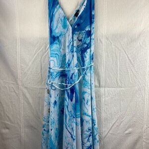 NWT La Moda Beach Dress White & Blue Tie Dye Swirl Sheer Cover Up One Size